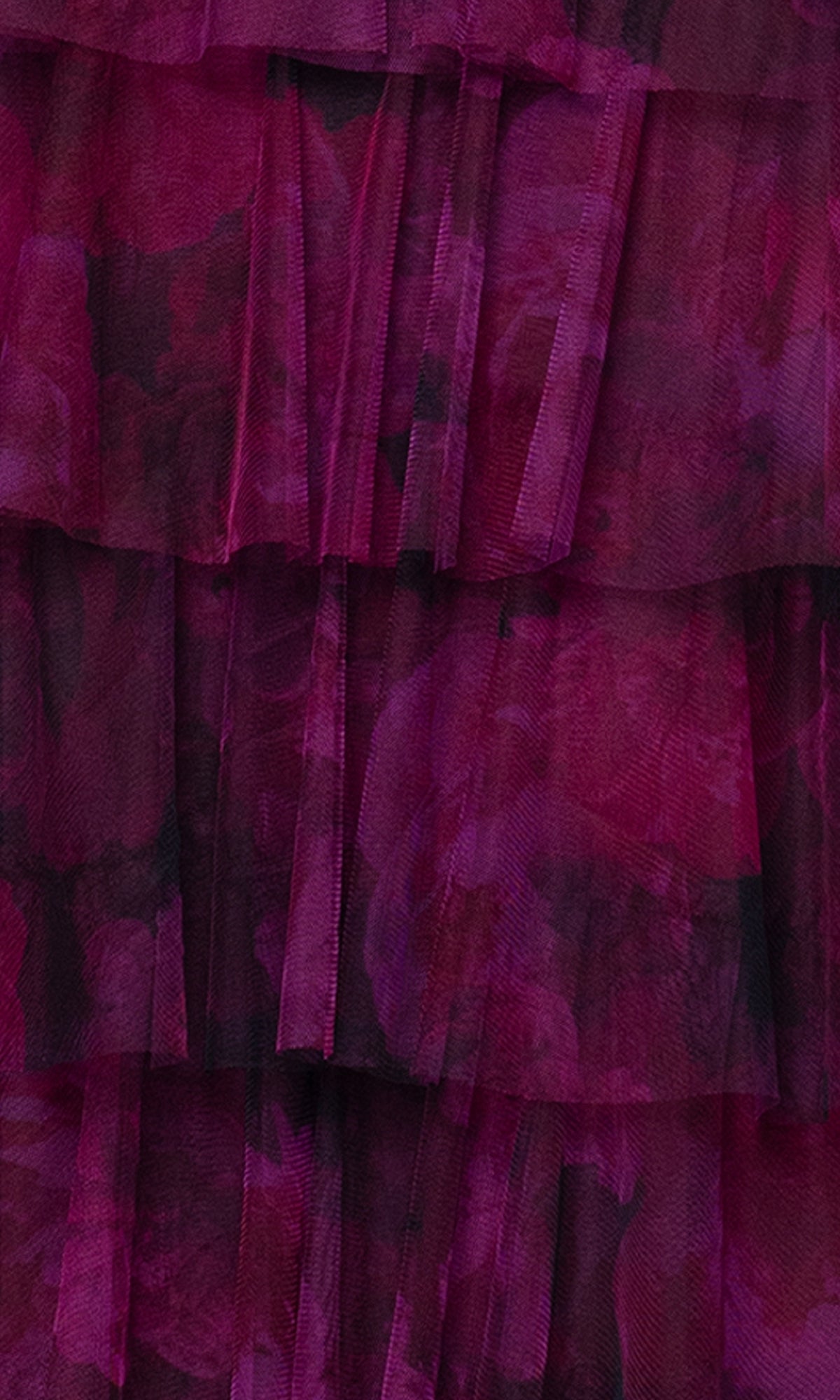Close-up of layered, sheer magenta and purple floral fabric with a ruffled texture—a perfect detail for the Wine Red Ruffle Formal Gown: Blondie Nites 5778BN.